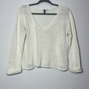 HM Divided Women’s White Open Knit Sweater Size 8 Rolled Cuff Casual Loose